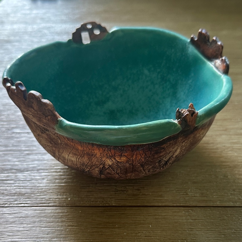 Handcrafted Teal and Brown Ceramic Bowl signed by Artist V. Norton